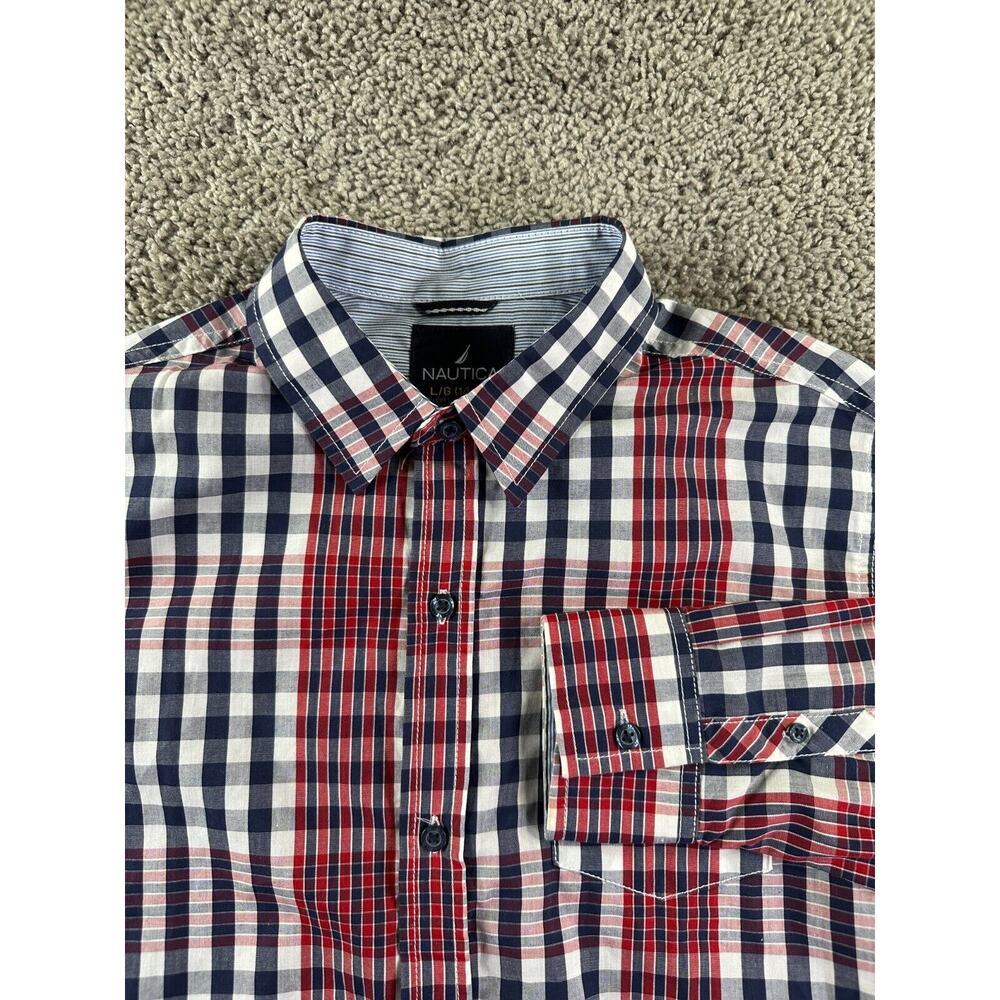 Nautica Shirt Boys Large Red White Plaid Cotton Blend Long Sleeve Button Up Kids